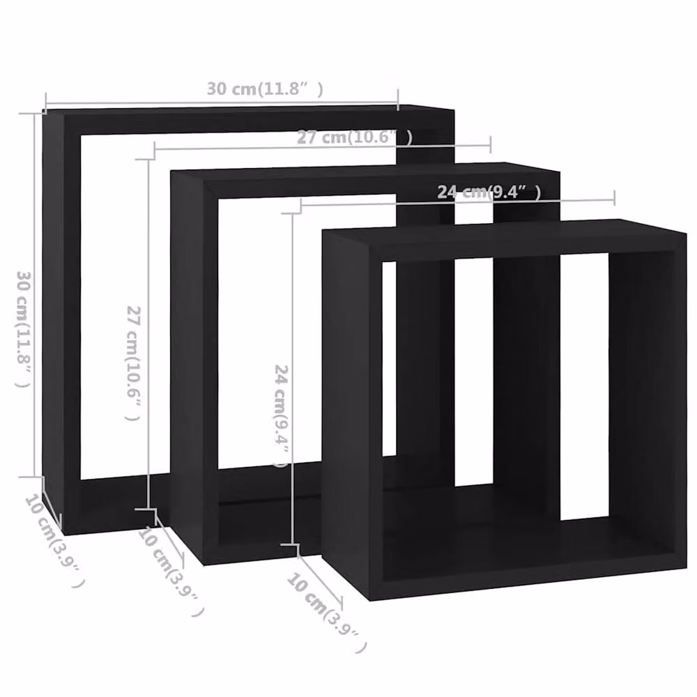 Berkfield Home Set of 3 Black MDF Wall Mounted Cube Shelves – 9