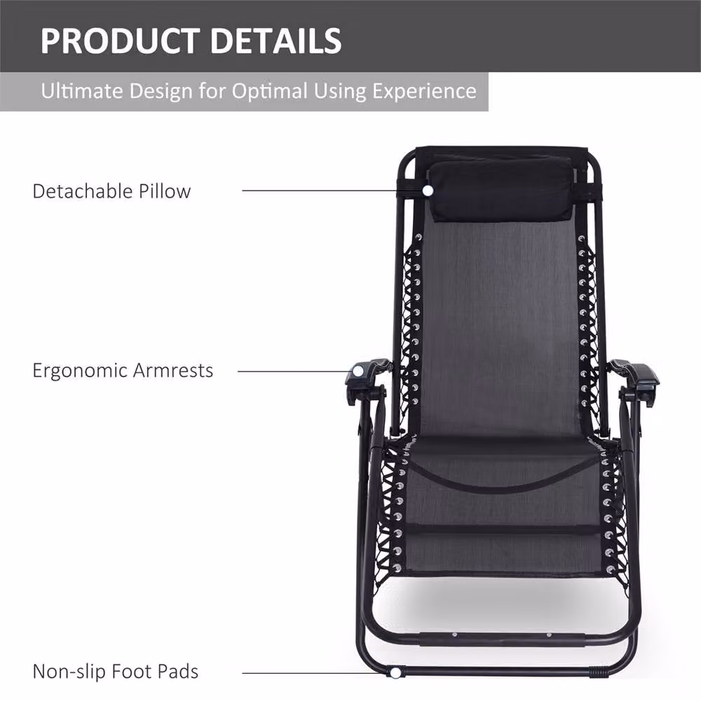 EONLION Black Reclining Outdoor Lounge Chair with Matt Steel Frame – 3