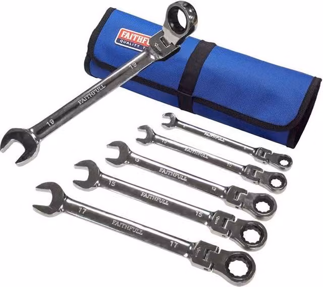 Faithfull 6 Piece Chrome Vanadium Ratchet Combination Spanner Set in Blue with Tool Roll – 1