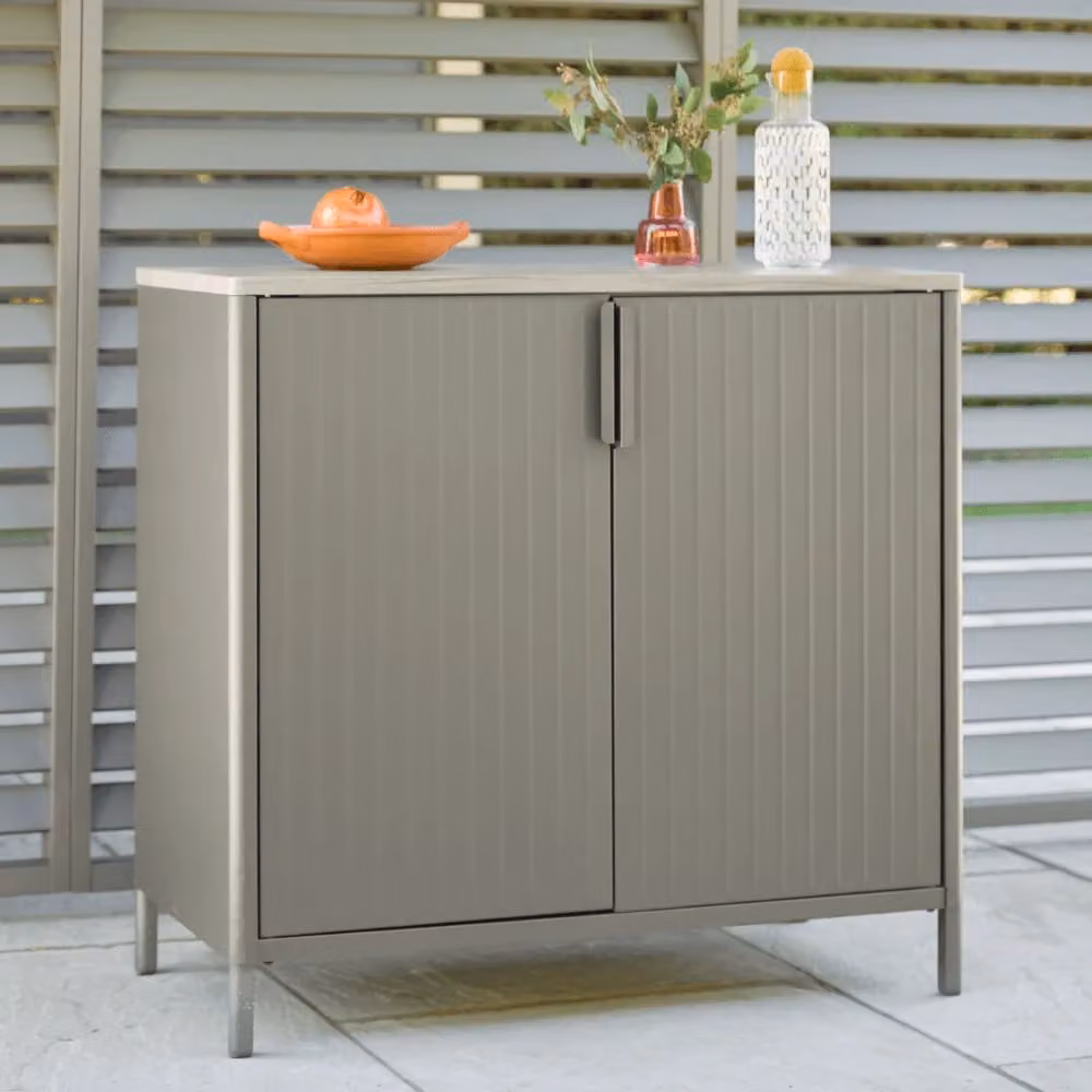 Leisure Grow Modern Grey Striped Metal Garden Storage Cabinet with Internal Shelves and Hinged Doors