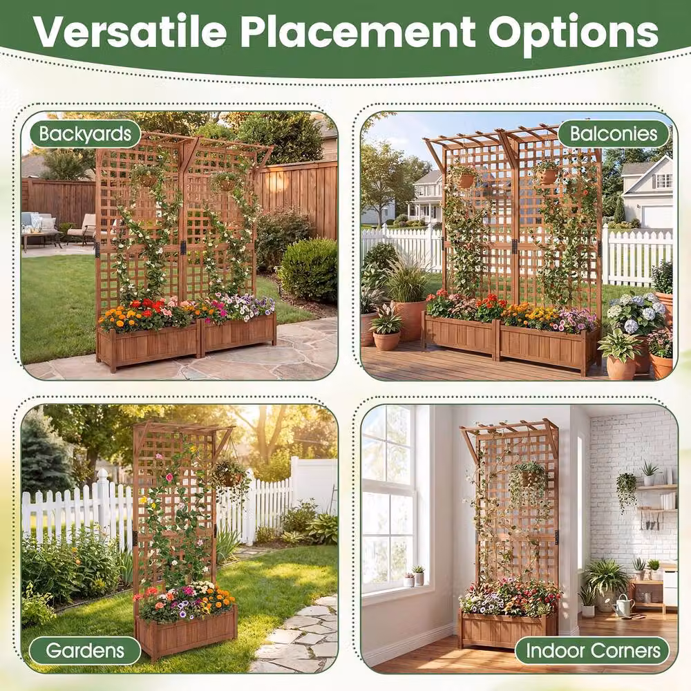 Costway Brown Wooden Raised Garden Bed with Hanging Roof and Trellis Fir Wood Planter Box – 8