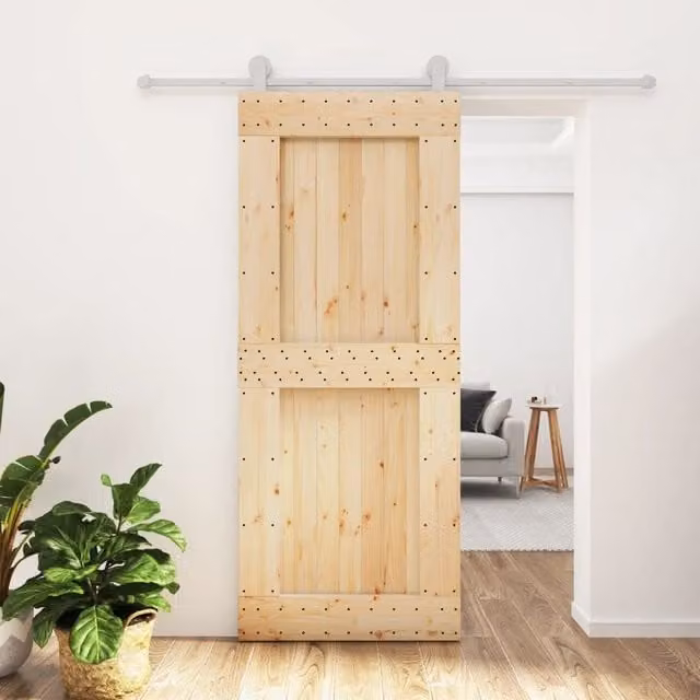 Berkfield Home Modern Sliding Door with Hardware Set in Brown Solid Wood and Steel, W: 85 cm, H: 210 cm