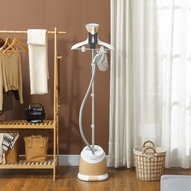 HOMCOM Upright Clothes Steamer and Wrinkle Remover with 1.8L Water Tank in Gold and White
