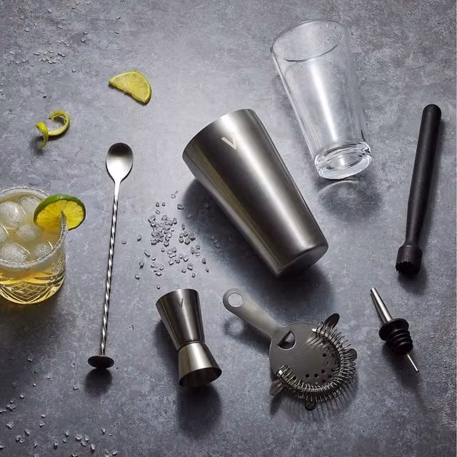VonShef 6 Piece Stainless Steel Boston Cocktail Shaker Set with Accessories in Silver