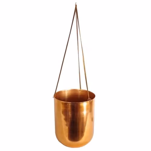 Leaf Copper Hanging Planter in Green with Rustic Metal Design, W: 18 cm, H: 22 cm (60 cm including straps)