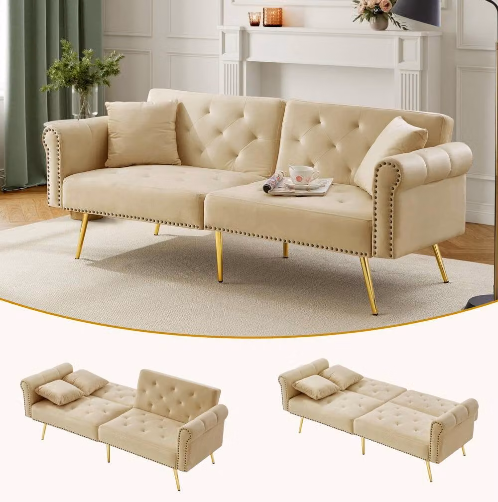 STILVORA 2-Seater Click-Clack Sofa Bed in Beige Velvet Fabric with Adjustable Backrest – 3