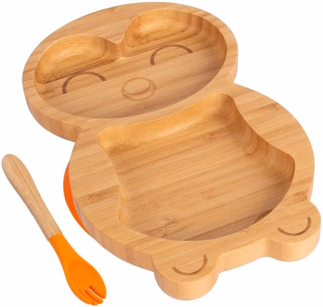 Tiny Dining Bamboo Penguin Baby Weaning Plate and Fork Set, Orange