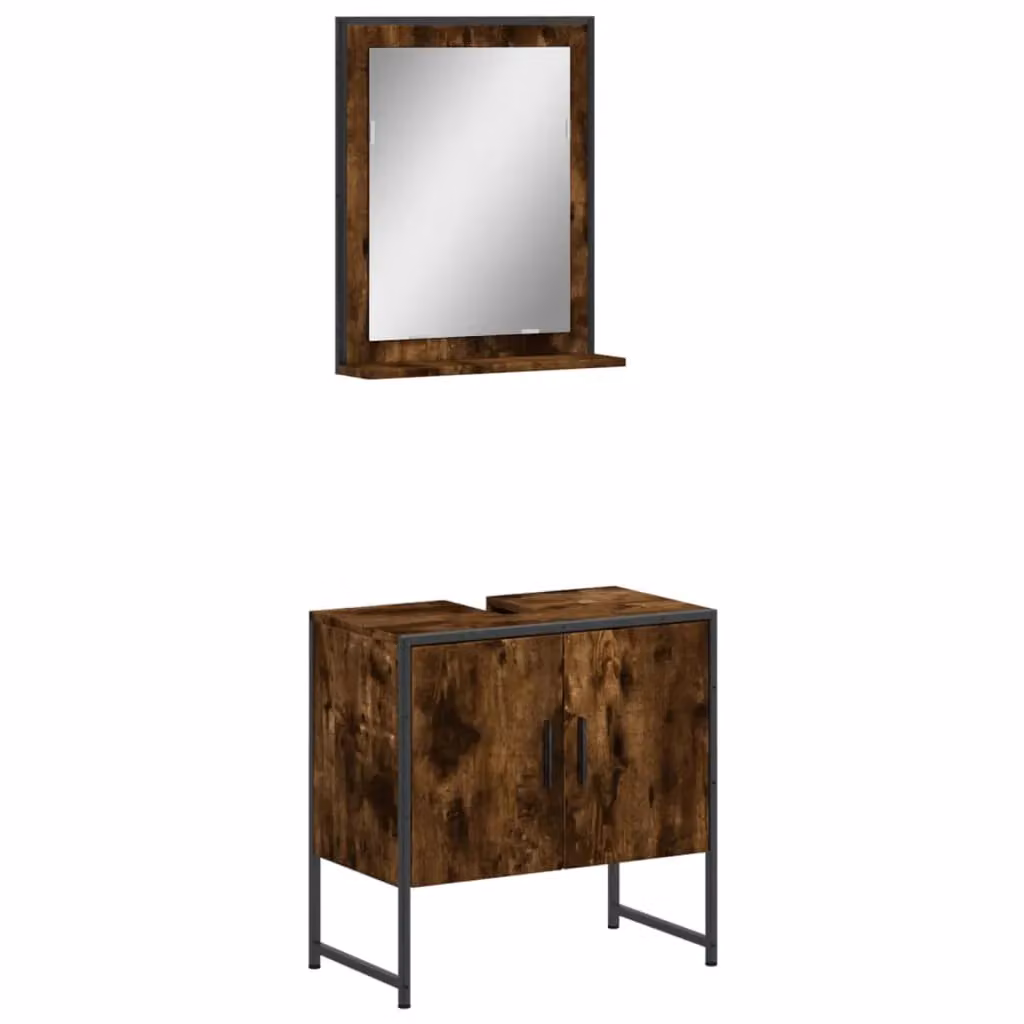 Berkfield Home 2 Piece Brown Smoked Oak Industrial Wall Mounted Bathroom Mirror Cabinet Set – 2