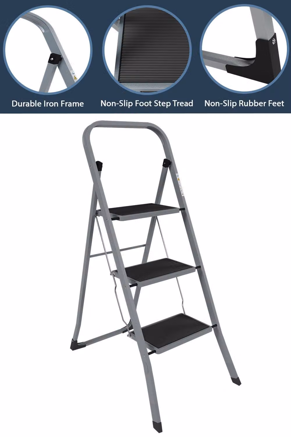 HD Designs 3 Step Folding Ladder with Anti-Slip Mat in Grey – 4