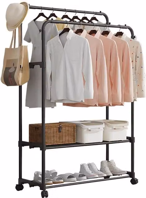 VOGREX Heavy Duty Double Clothes Rail and Shoe Storage in Matt Black, H 140 cm x W 140 cm x D 35 cm – 1