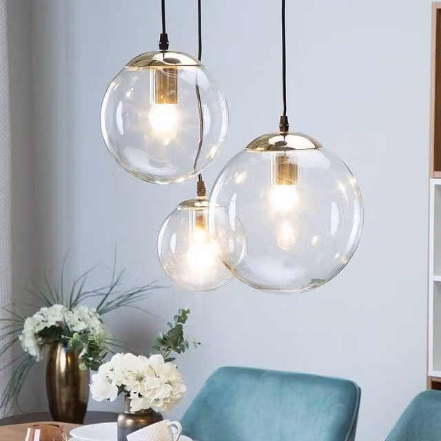 Wyld and Coco Modern 3 Light Pendant with Transparent Glass Spheres and Gold Metal Accents