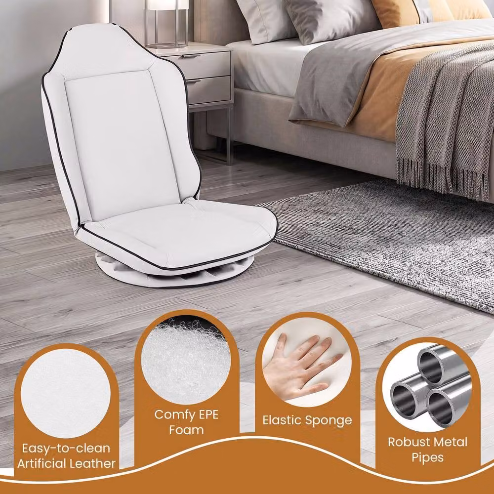 Gymax Swivel Floor Gaming Chair with Adjustable Backrest and Foldable Recliner in White – 4
