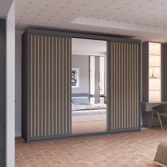 MN Furniture Reno 3 Sliding Door Wardrobe with Mirror and LED Light in Grey Oak, W/D/H: 250 x 62 x 217 cm
