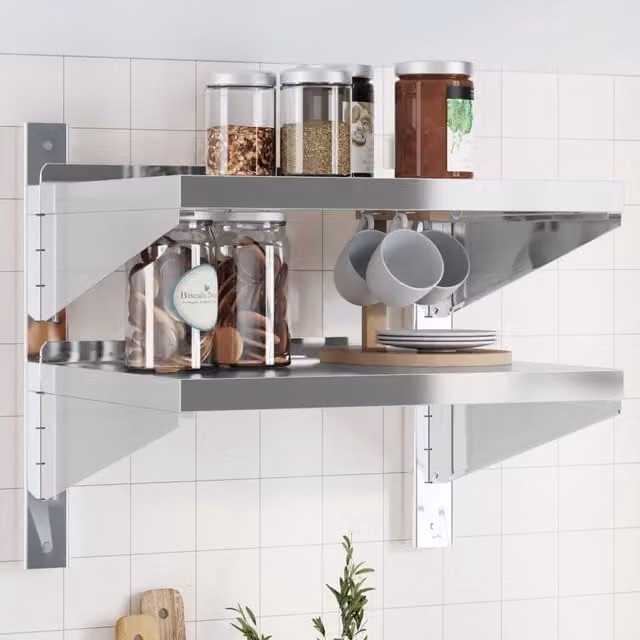 Berkfield Home 2-Tier Wall Mounted Metal Shelf in Silver, W/D/H: 50 x 40 x 60 cm