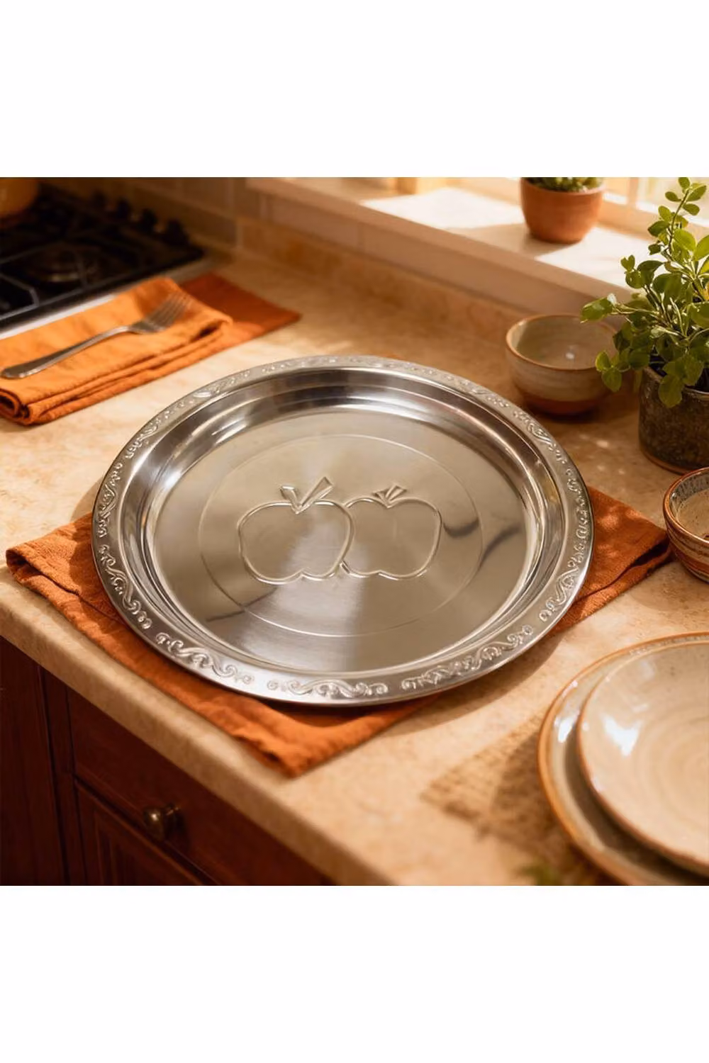 KDMD 19 Inch Stainless Steel Serving Platter with Apple Pattern Mirror Finish in Silver – 2