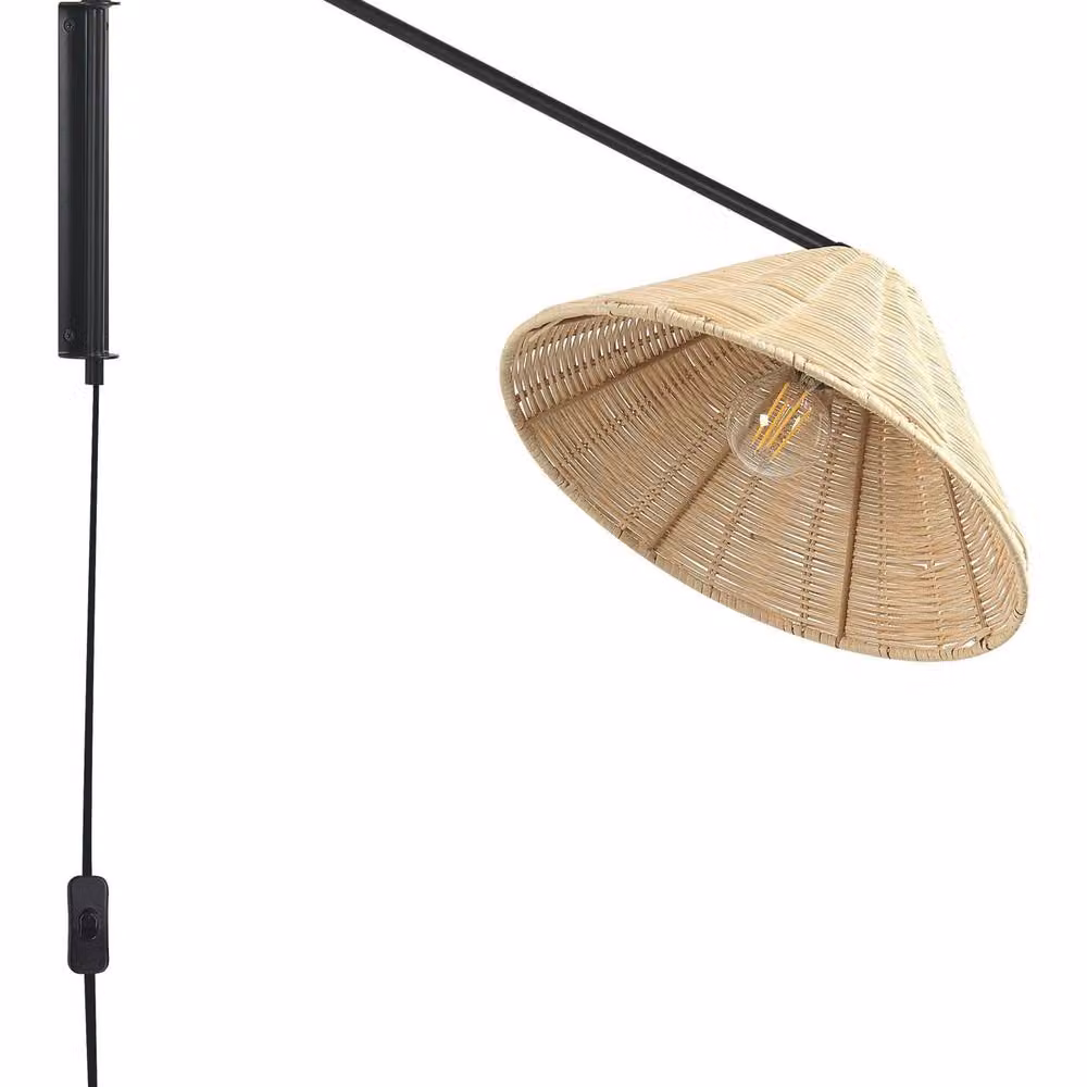 Wyld and Coco Adjustable Boho Wall Lamp with Natural Rattan Cone Shade in Beige and Brown – 2
