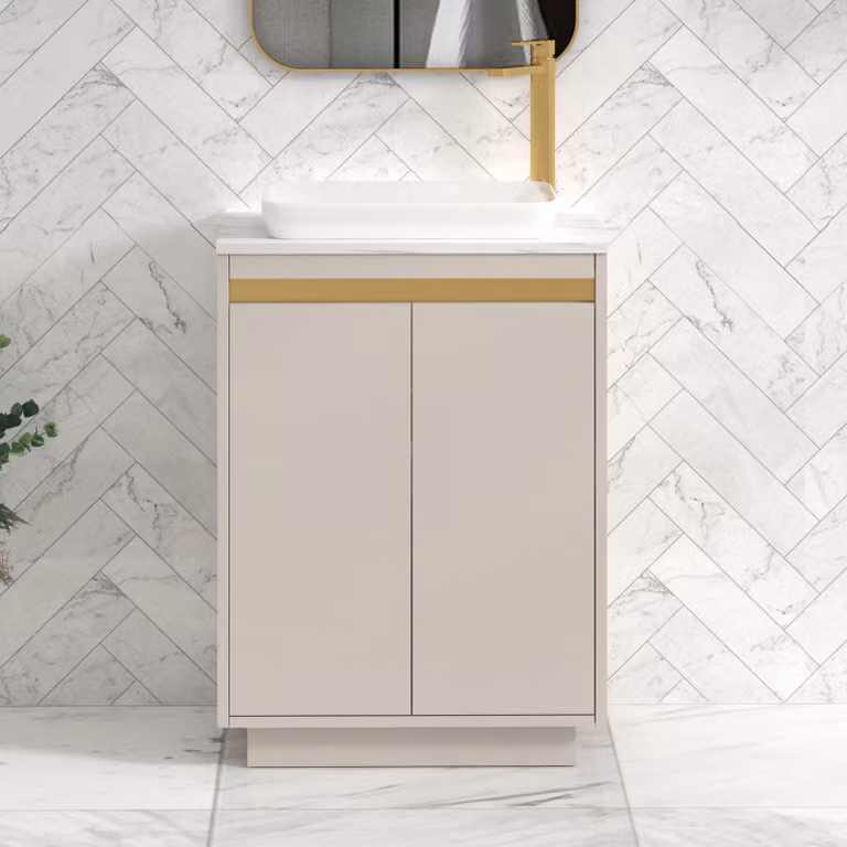 Royal Bathrooms Orion 800mm Warm Taupe Floor Standing Countertop Vanity Unit with Qubix Basin and Brushed Brass Accent Trim