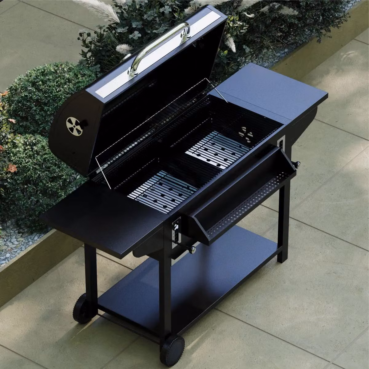 Charles Bentley Ottimo 635 Charcoal BBQ Grill in Black and Grey with Built-In Thermometer, Dual Side Tables, Hanging Storage Basket, Adjustable Charcoal Height, Removable Ash Tray and Wheels, W/D/H: 164 x 108 x 91.5 cm – 2