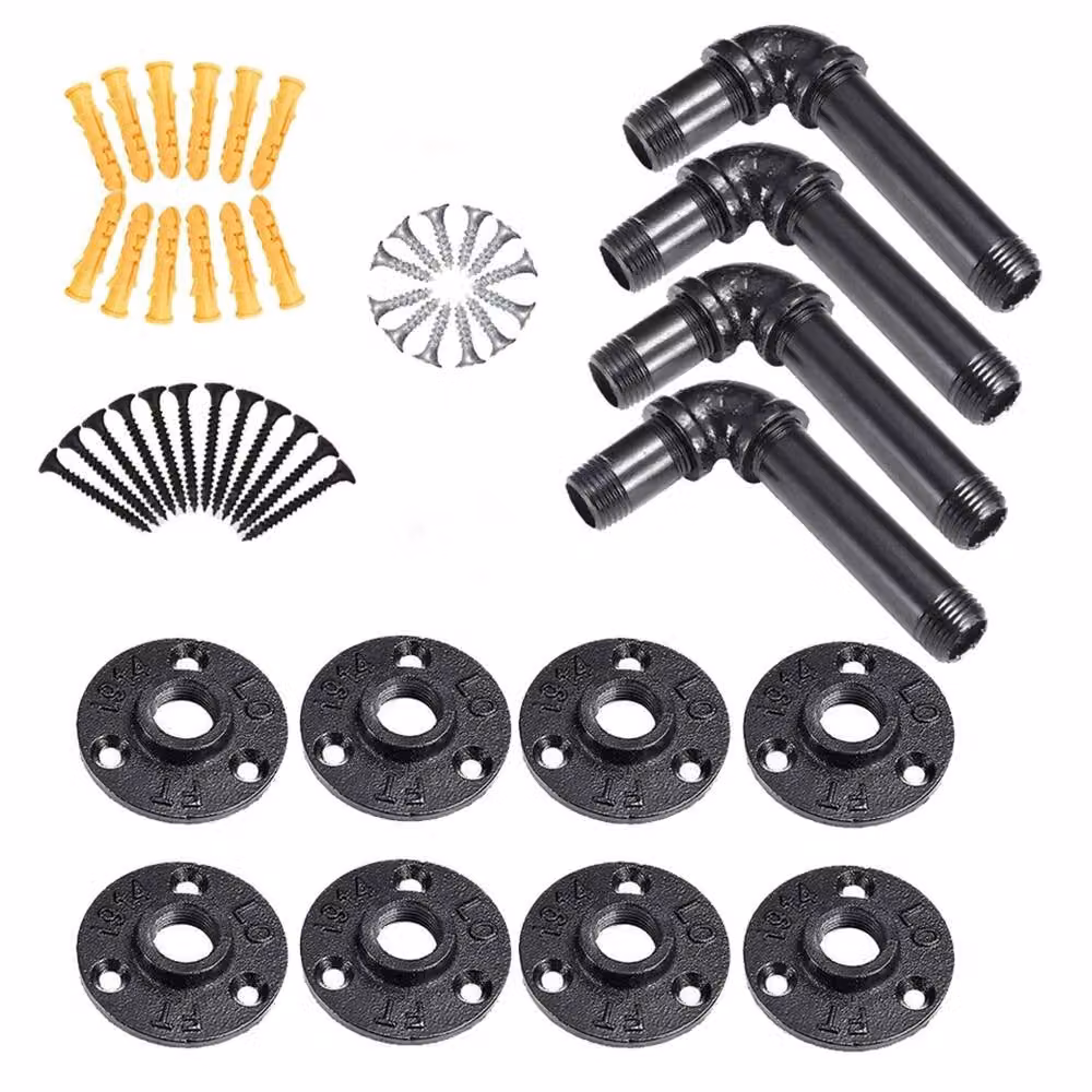 VOGREX Set of 4 Industrial Iron Pipe Wall Mounted Shelf Brackets in Matt Black – 5