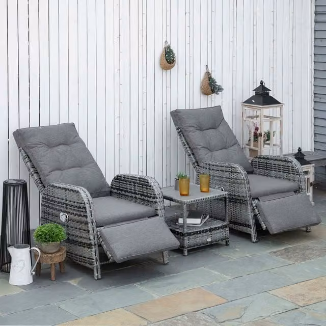 Outsunny 3 Piece Rattan Wicker Chaise Lounge Sofa Set with Upholstered Cushions in Grey