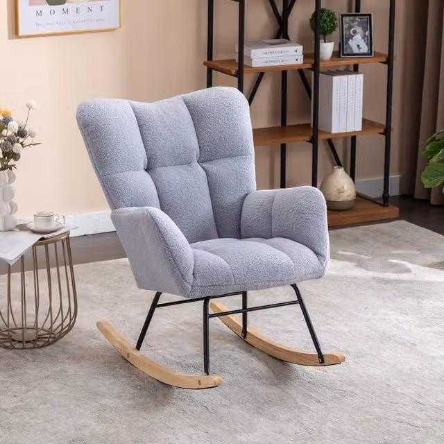 Direct Wicker Modern Teddy Bouclé Fabric Tufted Upholstered Rocking Chair with Armrests in Light Grey – 1