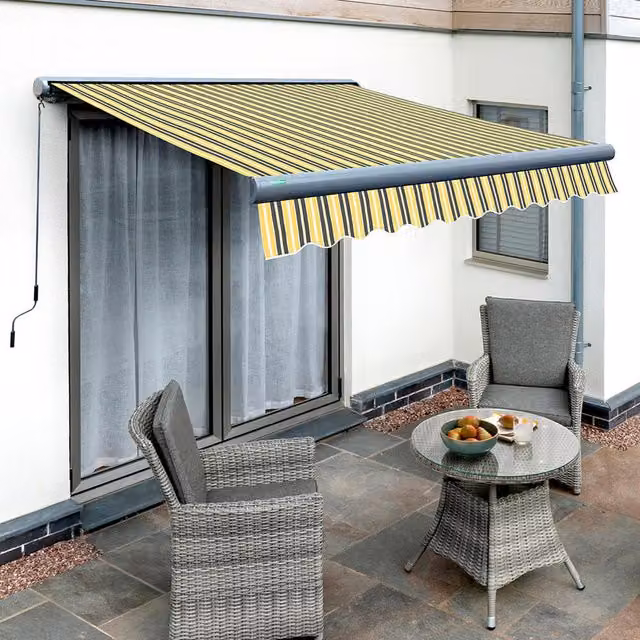 Primrose Electric Patio Awning Garden Canopy with Full Cassette in Charcoal Yellow and Grey Stripe