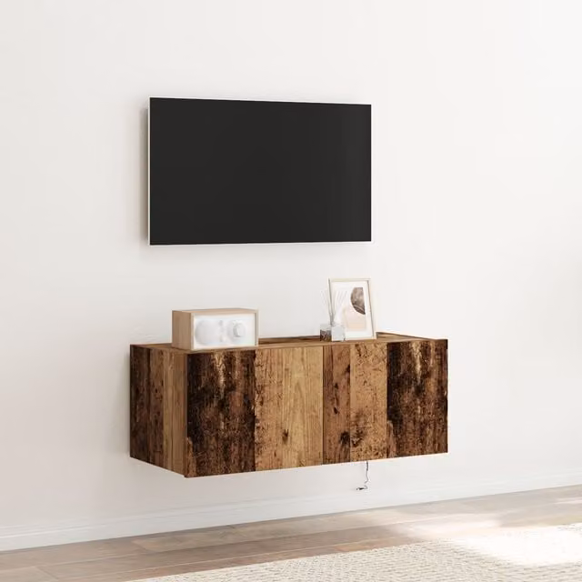 Berkfield Home TV Wall Cabinet with LED Lights in Old Wood Brown, W: 80 cm, D: 35 cm, H: 31 cm