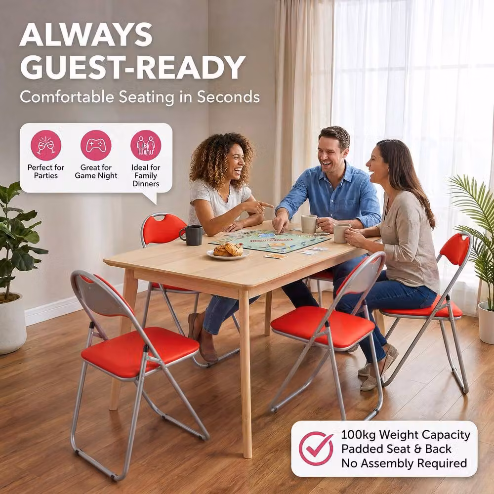 Bravich LTD Candy Red Faux Leather Padded Folding Dining Chairs, Pack of 2 – 5