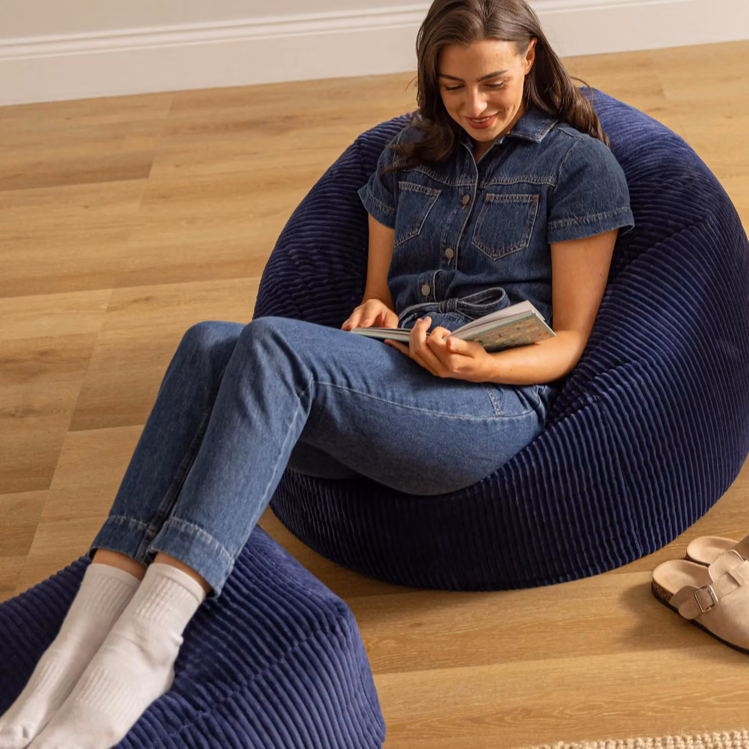 icon Kingston Cord Bean Bag and Footstool Bundle in Blue – 3