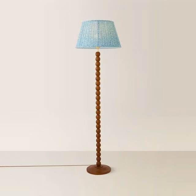 ValueLights Mid-Century Bobbin Printed Pleated Floor Lamp with Wooden Base in Brown and Blue
