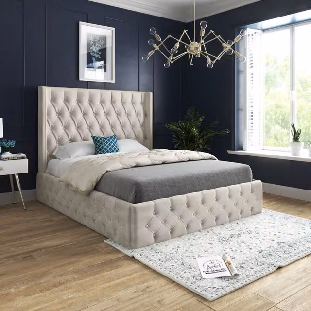 Casani Turin Upholstered Velvet Bed Frame in Beige, W/D/H: 180 x 137 x 159 cm