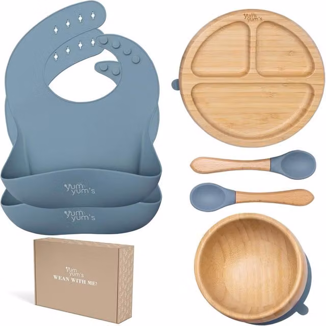 Yum Yums 6-Piece Blue Silicone and Bamboo Reusable Baby Weaning Feeding Set – 1