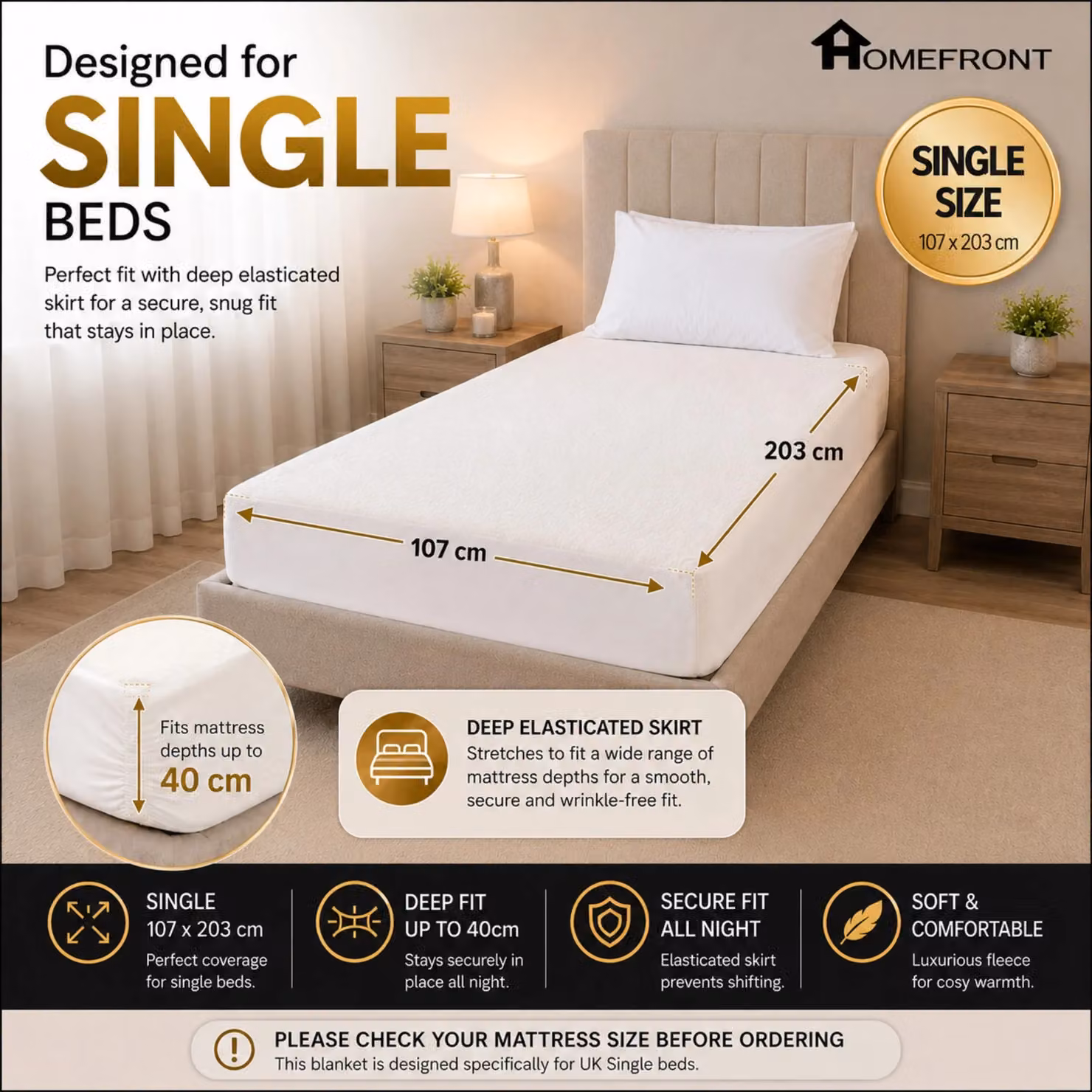 Homefront Single Fleece Fitted Heated Mattress Cover, White, W/D/H: 90 x 200 cm – 2