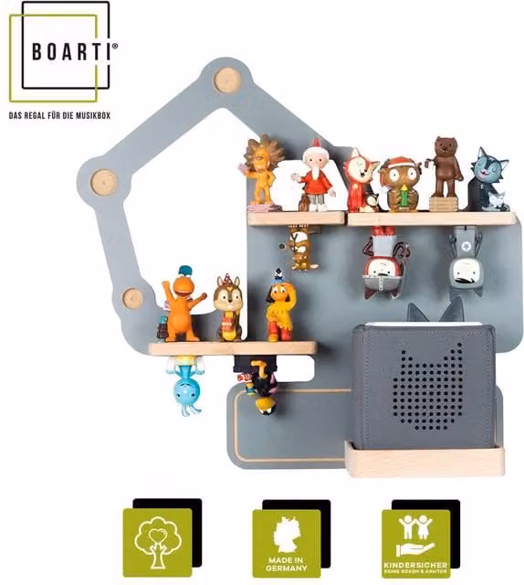 BOARTI Wooden Excavator Wall Mounted Shelf for Kids Toniebox and Tonies in Grey