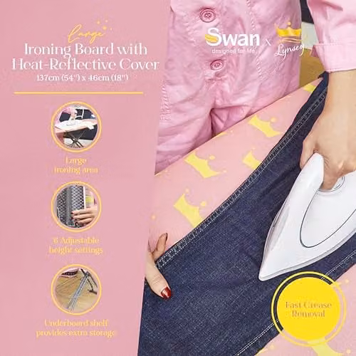 Swan x Lynsey TV Queen of Clean Large Ironing Board with Adjustable Height and Heat Reflective Smooth Glide Cover, Pink and Grey, W: 137 cm, D: 46 cm – 2