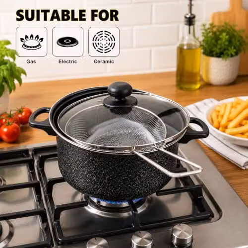 Almineez 5pc Black Non Stick Chip Pan Set with Frying Basket, Pot and Glass Lid, 2l, 24cm – 3