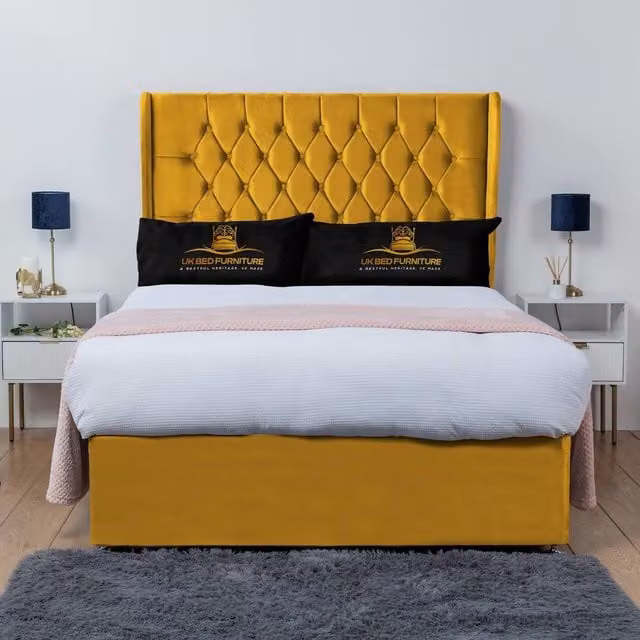 UK Bed Furniture Mary Winged Divan Bed Base with 54 Inch Buttoned Headboard in Yellow Velvet, Size: 140 x 200 cm
