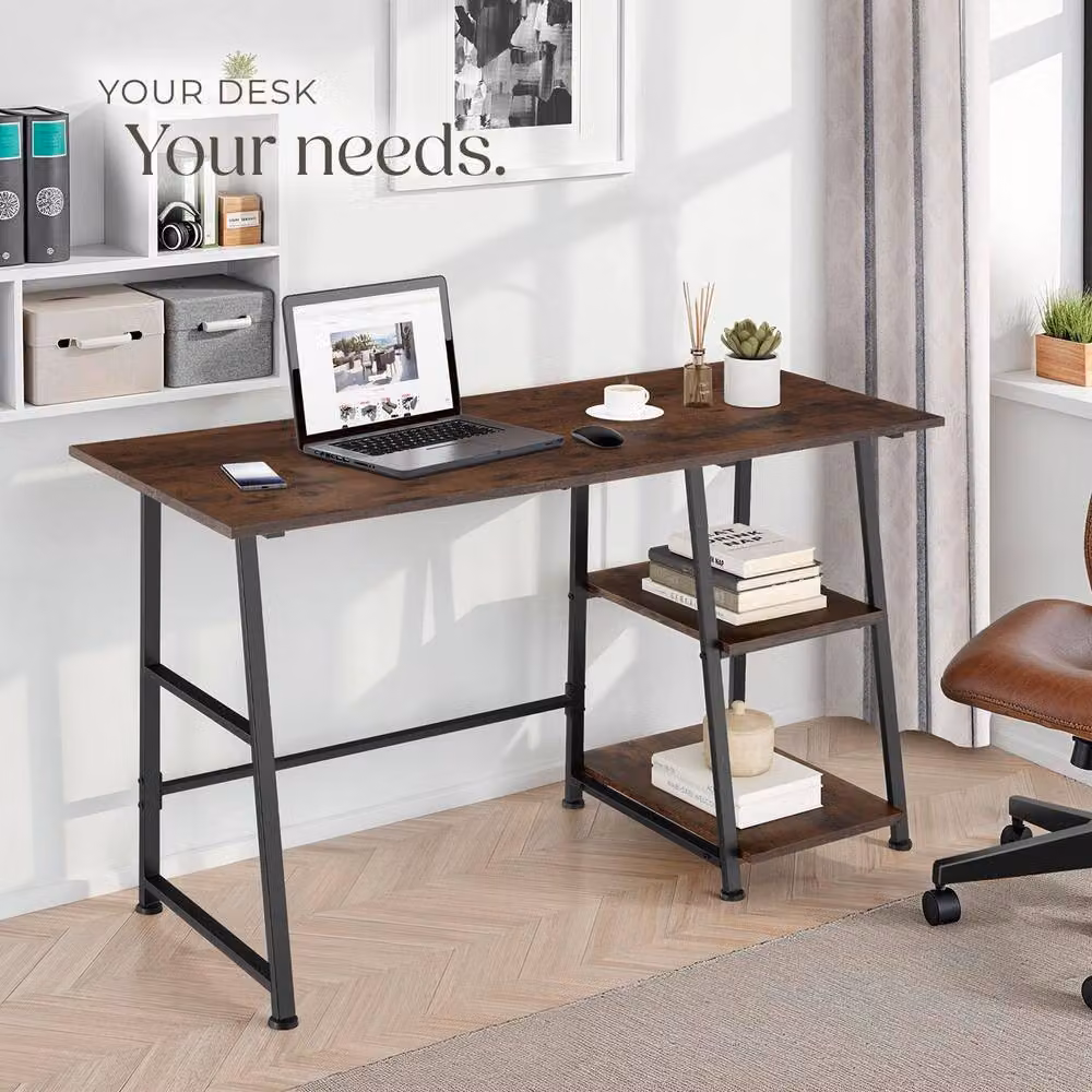 tectake Paisley Writing Desk with Trapezoidal Frame and Shelf with 2 Storage Compartments in Brown Oak – 6