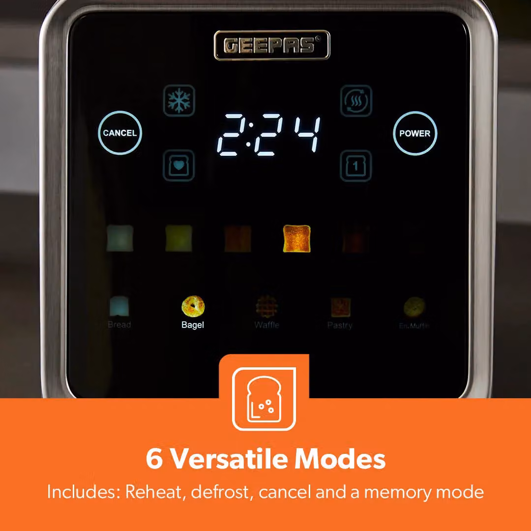 Geepas 4-Slice Digital Touch Toaster with 6 Browning Levels, Reheat and Defrost Functions in Metallic Silver – 5