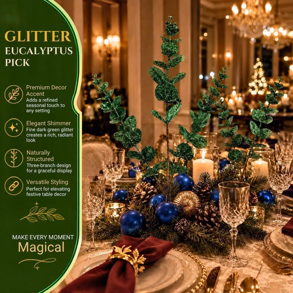 Shatchi 12 Pack Dark Green Glitter Artificial Eucalyptus Christmas Tree Picks, 55 cm – 8