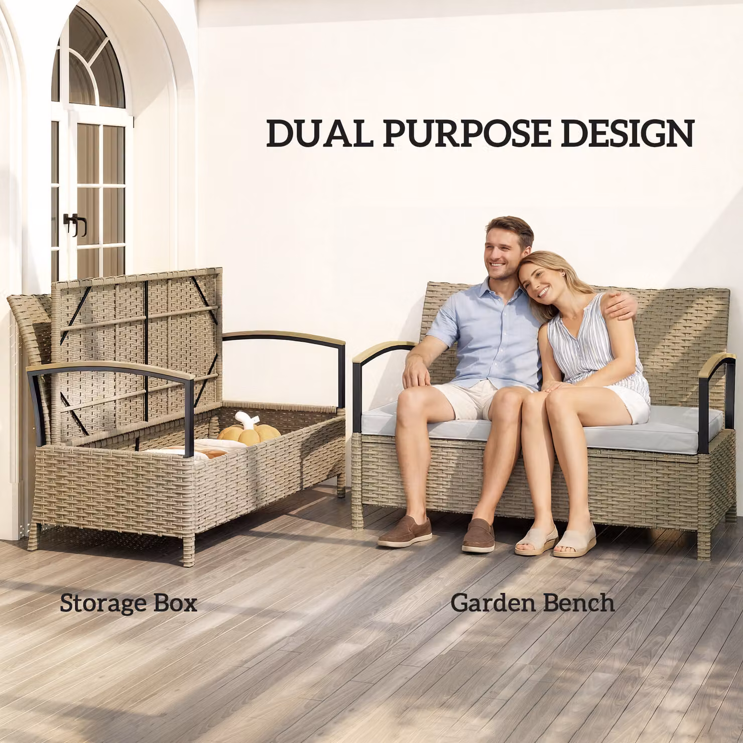 Outsunny 2 Seater PE Rattan Garden Storage Bench with Padded Cushions, Beige – 3