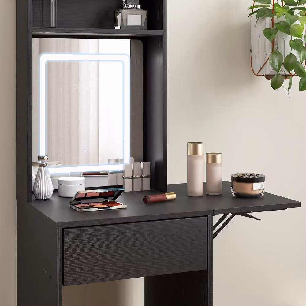 STILVORA Modern Black Dressing Table with LED Mirror, Drop Leaf and Drawer – 4