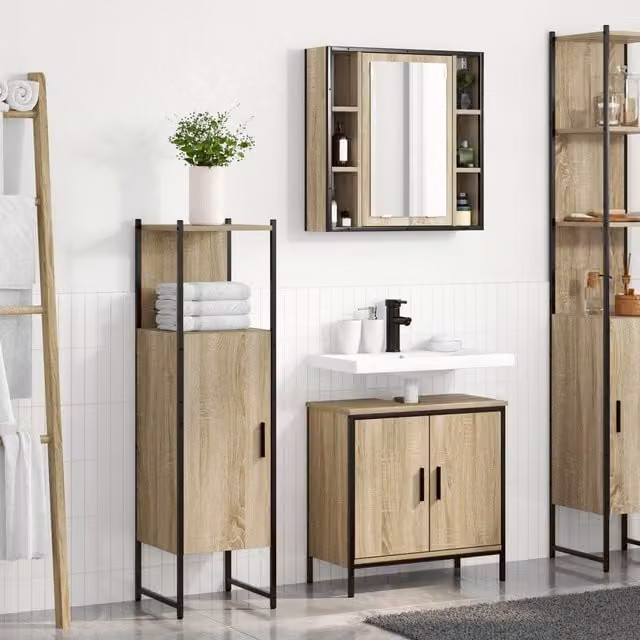 Berkfield Home 3 Piece Modern Bathroom Furniture Set in Sonoma Oak and Beige – 1