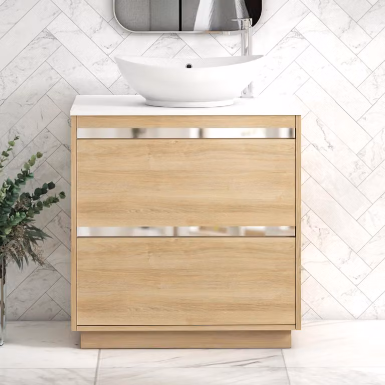 Royal Bathrooms Orion 800mm Natural Oak Floor Standing 2 Drawer Vanity Unit with Amaze Basin and Chrome Accent Trim in Plain White