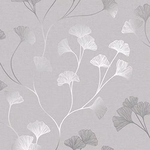 Rasch Glistening Ginkgo Grey and Silver Botanical Floral Paper Wallpaper Roll