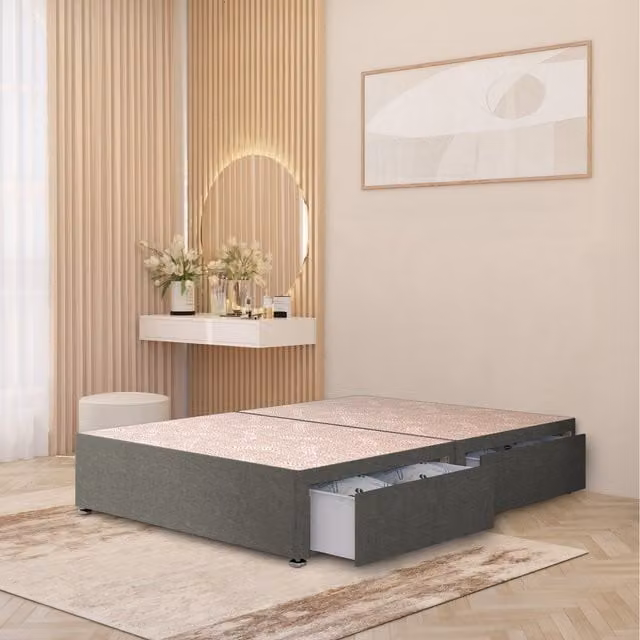 Somnior Beds Ltd Silver Linen Fabric Divan Bed Base with Drawers, W/D/H: 180 x 200 x 34.5 cm