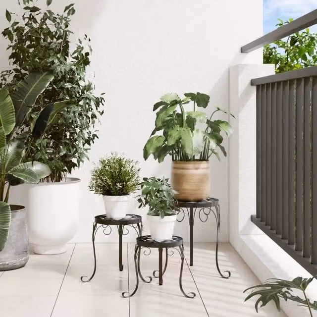 Berkfield Home Set of 3 Round Ceramic and Metal Plant Stands in Black and White