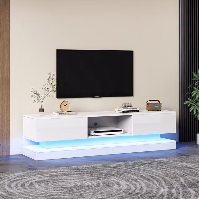 Aosom UK White High Gloss TV Table with 16-Colour LED Lights and 2 Drawers for TVs up to 79 inches – 1