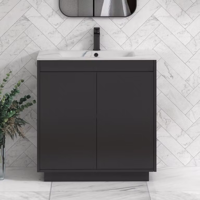 Royal Bathrooms Orion 800mm Floor Standing 2 Door Vanity Unit in Matt Obsidian Black with Carrara White Basin and Black Accent Trim