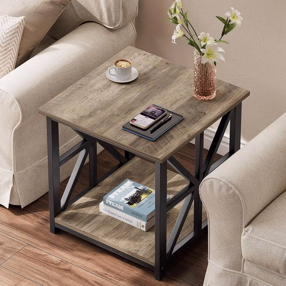 FORGEVIO Grey Wash 2-Tier Industrial Living Room Side Table, W/D/H: 50 x 50 x 50 cm – 4